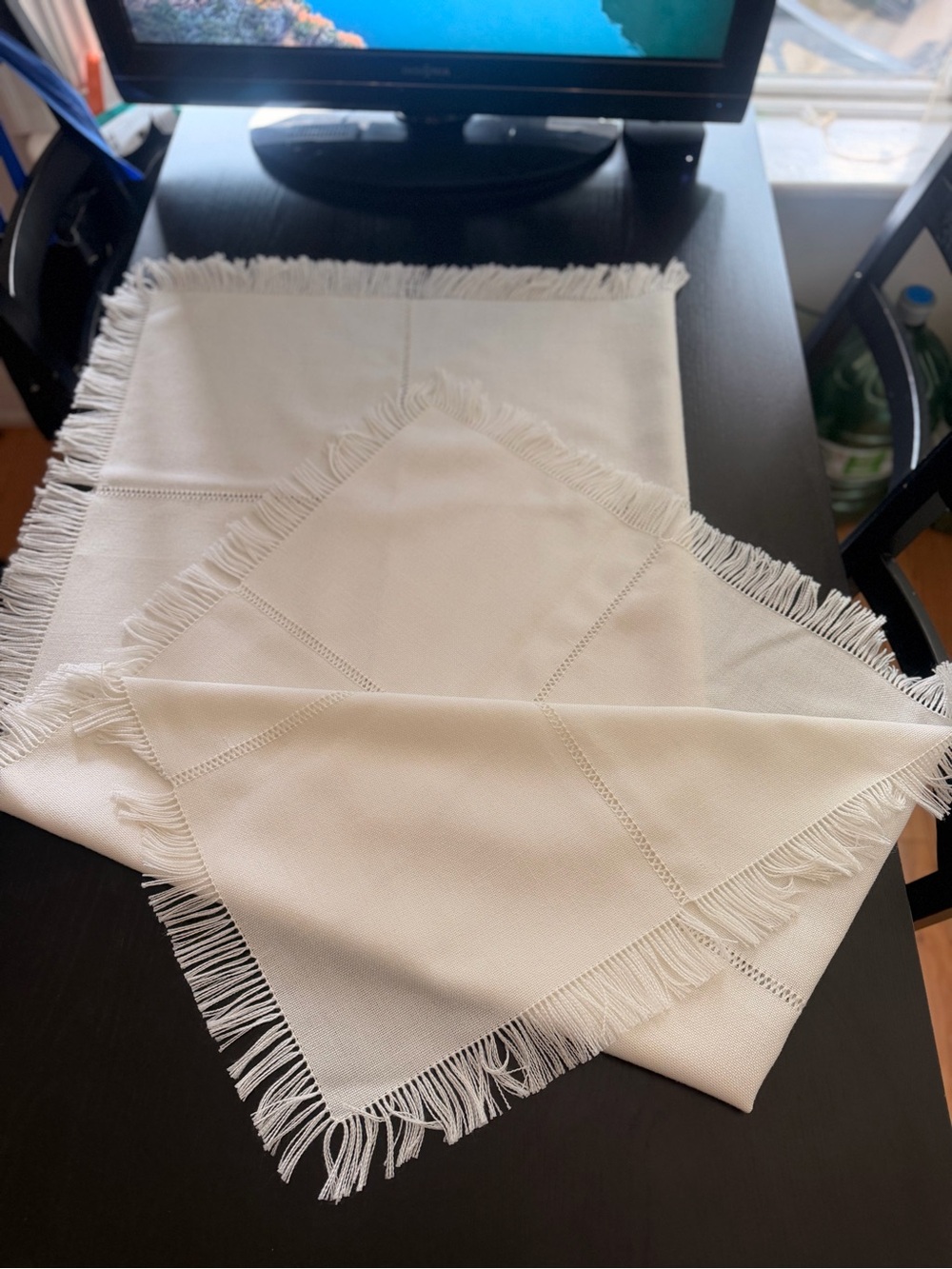 Wool Cream Fringe small Rectanglen Table Cloth - Unbranded